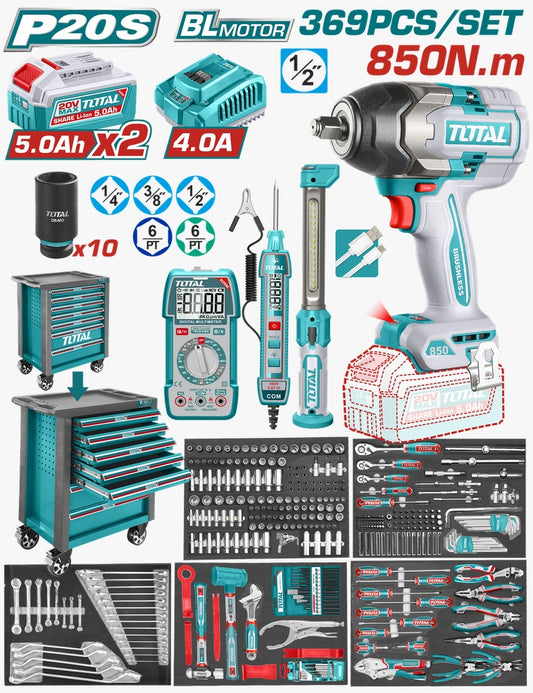 PISTOLA DE IMPACTO INALÁMBRICA 1/2” 850NM + 2 BATERÍAS 5.0Ah + KIT 365 ACCESORIOS – INDUSTRIAL SUPER TOTAL