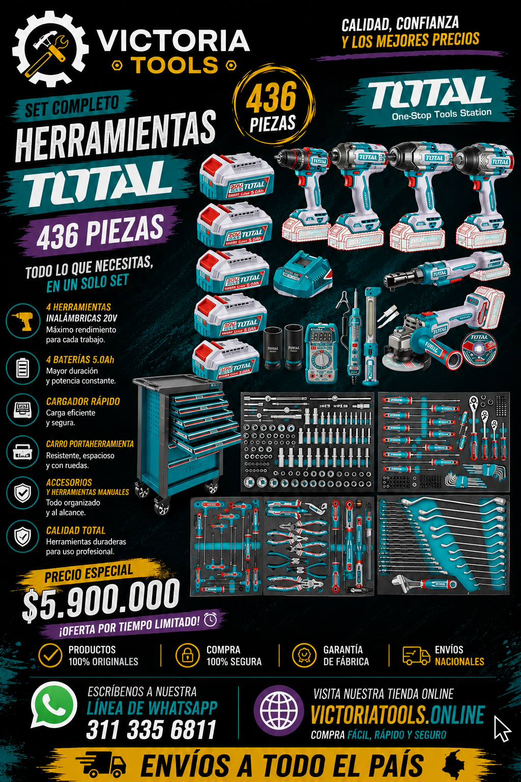 CARRO PORTA HERRAMIENTAS CON 436 PIEZAS INDUSTRIAL SUPER TOTAL