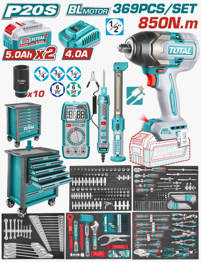 PISTOLA DE IMPACTO INALÁMBRICA 1/2” 850NM + 2 BATERÍAS 5.0Ah + KIT 365 ACCESORIOS – INDUSTRIAL SUPER TOTAL