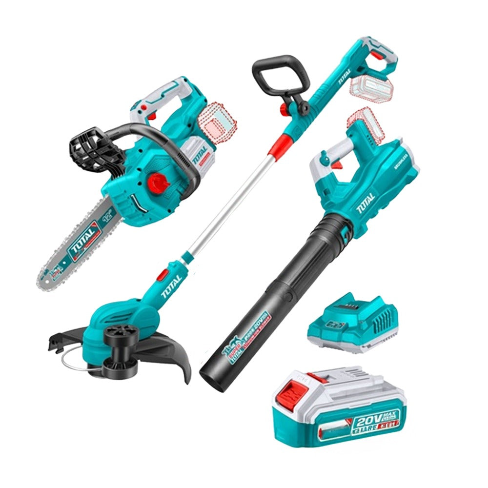 COMBO INALÁMBRICO 20V MOTOSIERRA 12” + GUADAÑADORA + SOPLADORA + 2 BATERÍAS 4.0Ah – INDUSTRIAL SUPER TOTAL