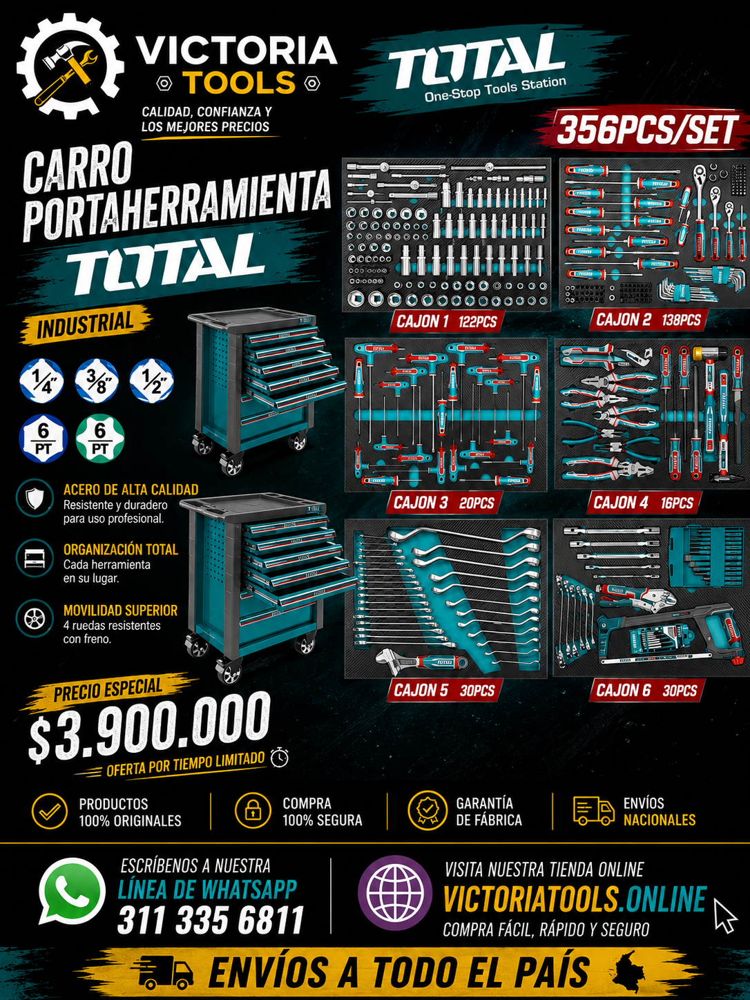 CARRO PORTA HERRAMIENTA CON 356 PZS INDUSTRIAL SUPER TOTAL