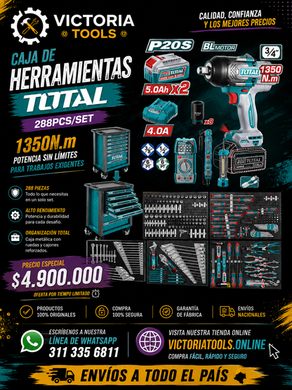PISTOLA DE IMPACTO INALÁMBRICA 1/2” 850NM + 2 BATERÍAS 5.0Ah + KIT 365 ACCESORIOS – INDUSTRIAL SUPER TOTAL